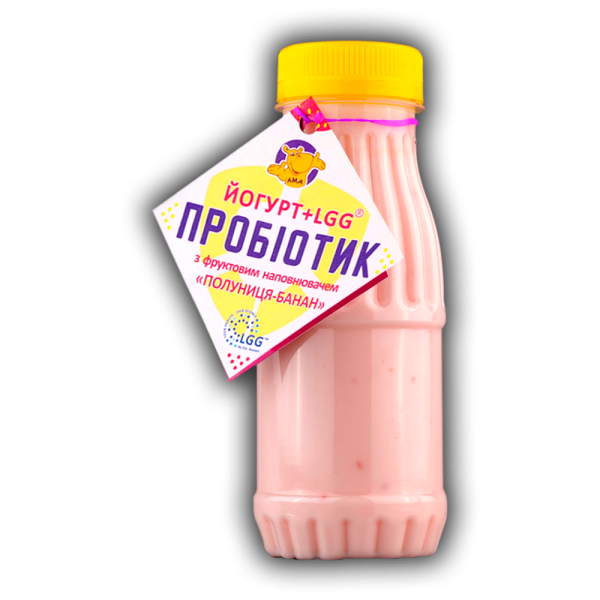 Йогурт питний з фруктовим наповнювачем "Полуниця-банан" 2,5% жиру з пробіотиком LGG Йогурт питний з фруктовим наповнювачем "Полуниця-банан" 2,5% жиру з пробіотиком LGG
